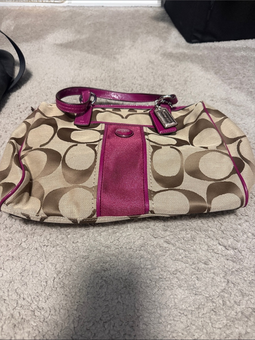 Coach Beige Signature Canvas Shoulder Bag with Pink Trim